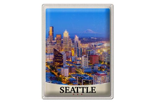 Blechschild Reise 30x40cm Seattle USA Amerika Stadt Abend Urlaub