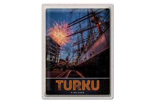 Blechschild Reise 30x40cm Turku Finnland Schiff Feuerwerk Urlaub