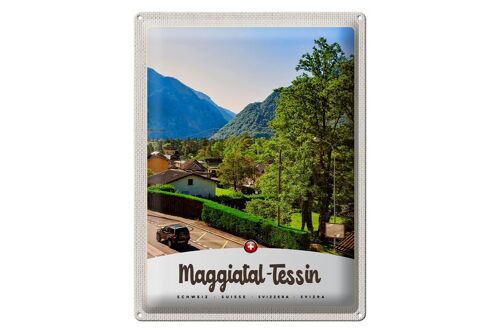 Blechschild Reise 30x40cm Maggiatal-Tessin Schweiz Stadt Gebirge