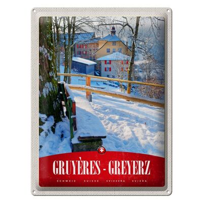 Blechschild Reise 30x40cm Gruyeres Greyerz Schweiz Schnee Urlaub