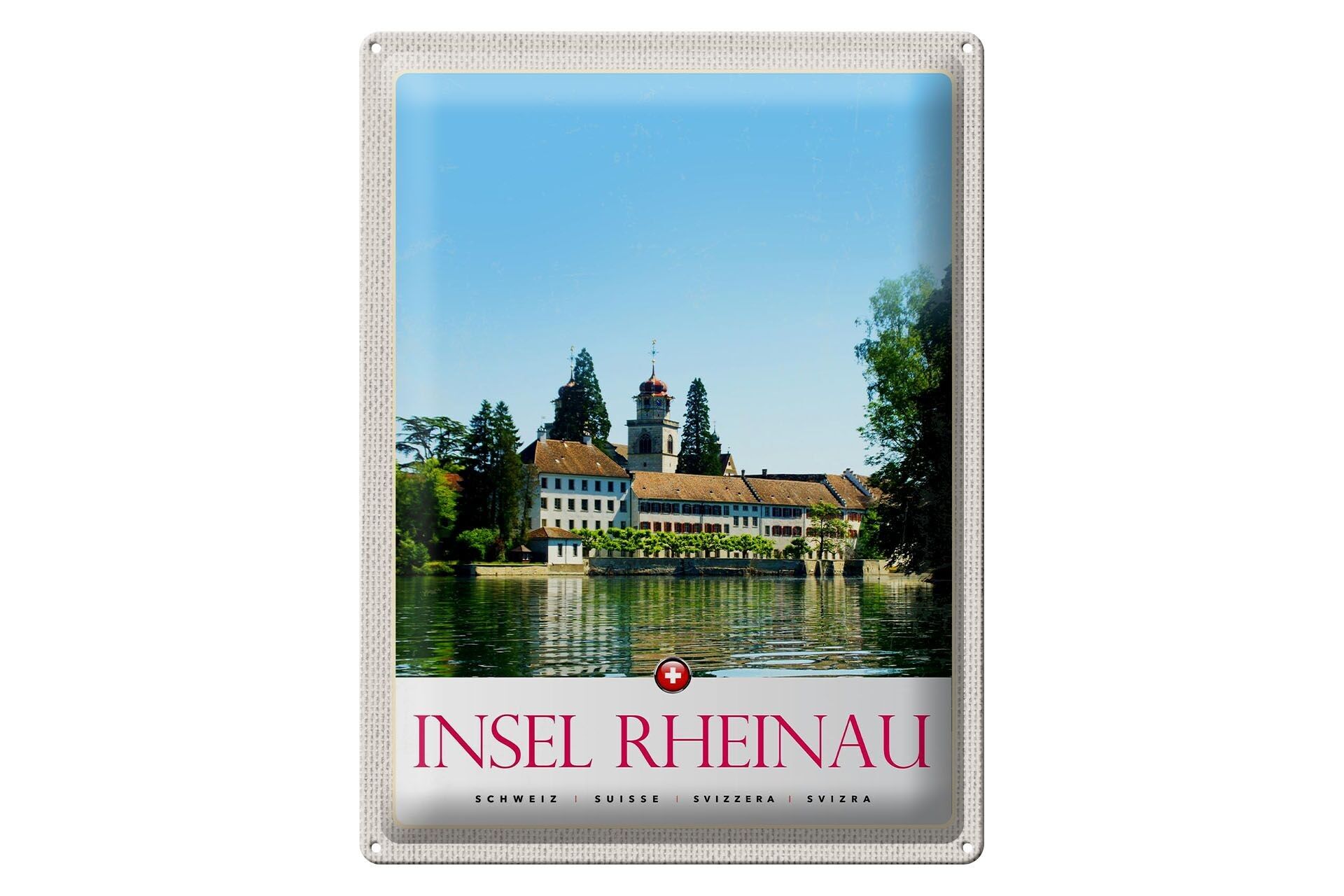 Blechschild Reise 30x40cm Insel Rheinau Schweiz Kirche Urlaub