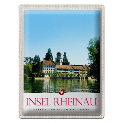 Cartel de chapa de viaje, 30x40cm, isla de Rheinau, Suiza, iglesia, vacaciones