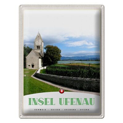Cartel de chapa de viaje, 30x40cm, isla de Ufenau, Suiza, iglesia, prado, lago