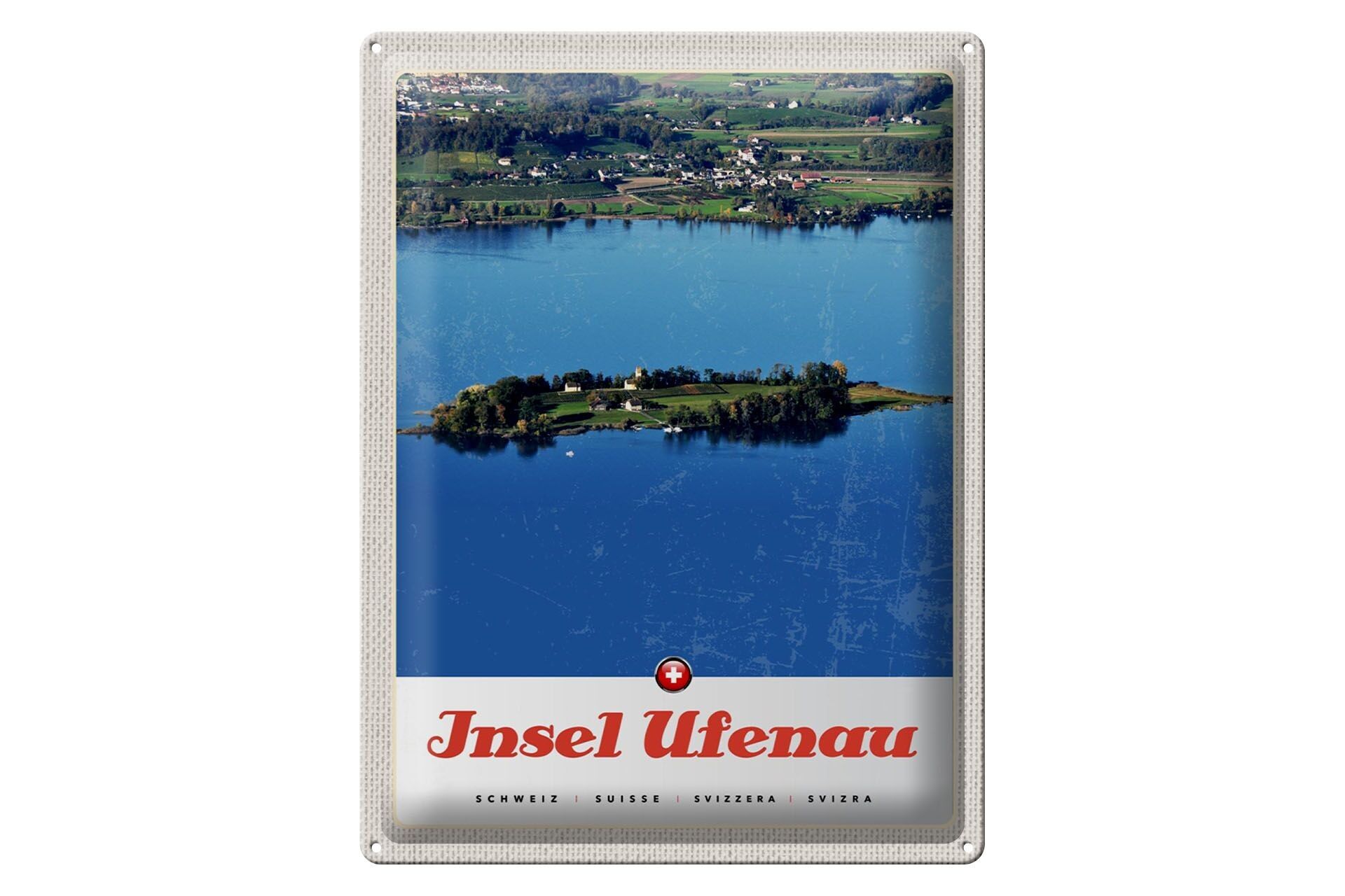 Targa in metallo da viaggio 30x40 cm Isola di Ufenau Svizzera Case Natura