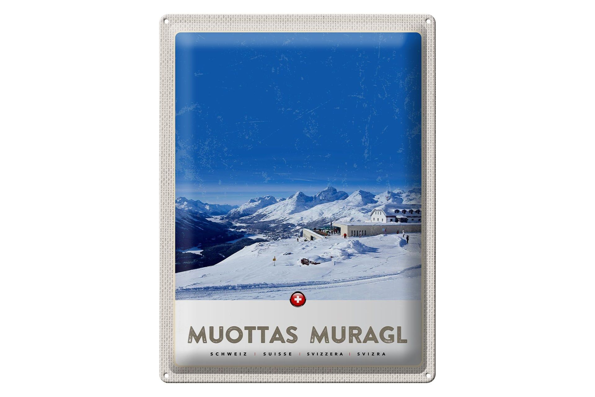 Targa in metallo da viaggio 30x40 cm Muottas Murgal Svizzera Montagne Neve