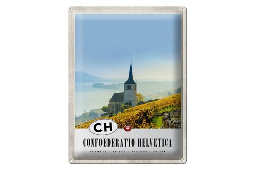 Blechschild Reise 30x40cm Confoederatio Helvetica Kirche Weide