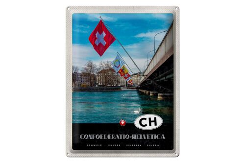 Blechschild Reise 30x40cm Confoederatio Helvetica Brücke Flagge