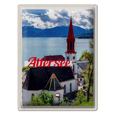 Blechschild Reise 30x40cm Attersee Österreich Kirche Berge See