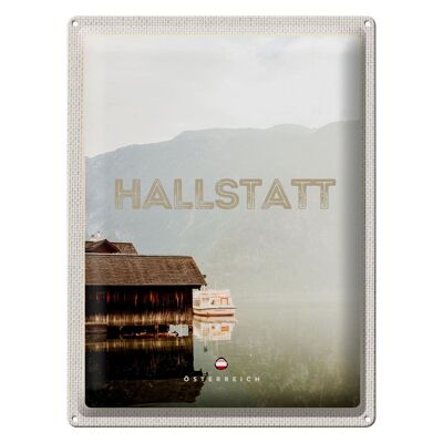 Targa in metallo da viaggio 30x40 cm Hallstatt Austria Lago Montagne Barca