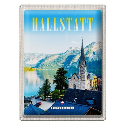 Cartel de chapa de viaje 30x40cm Hallstatt Austria Montañas Iglesia