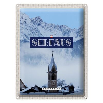 Blechschild Reise 30x40cm Serfaus Schnee Berge Kirche Winter