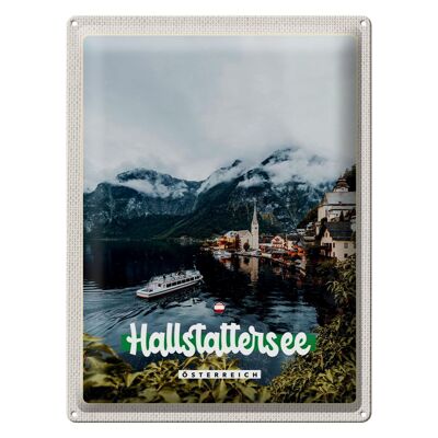 Signe en étain voyage 30x40cm, lac Hallstatt, montagnes, bateau, montagne