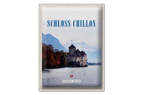 Blechschild Reise 30x40cm Ausblick auf Schloss Chillon Genfersee