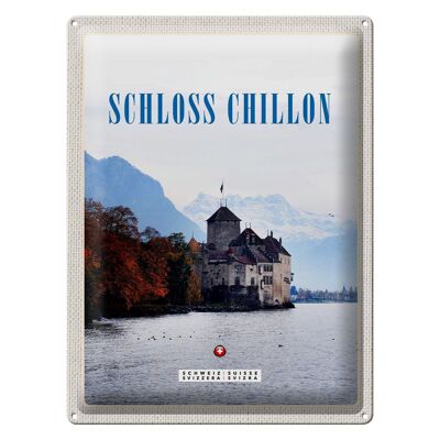 Blechschild Reise 30x40cm Ausblick auf Schloss Chillon Genfersee