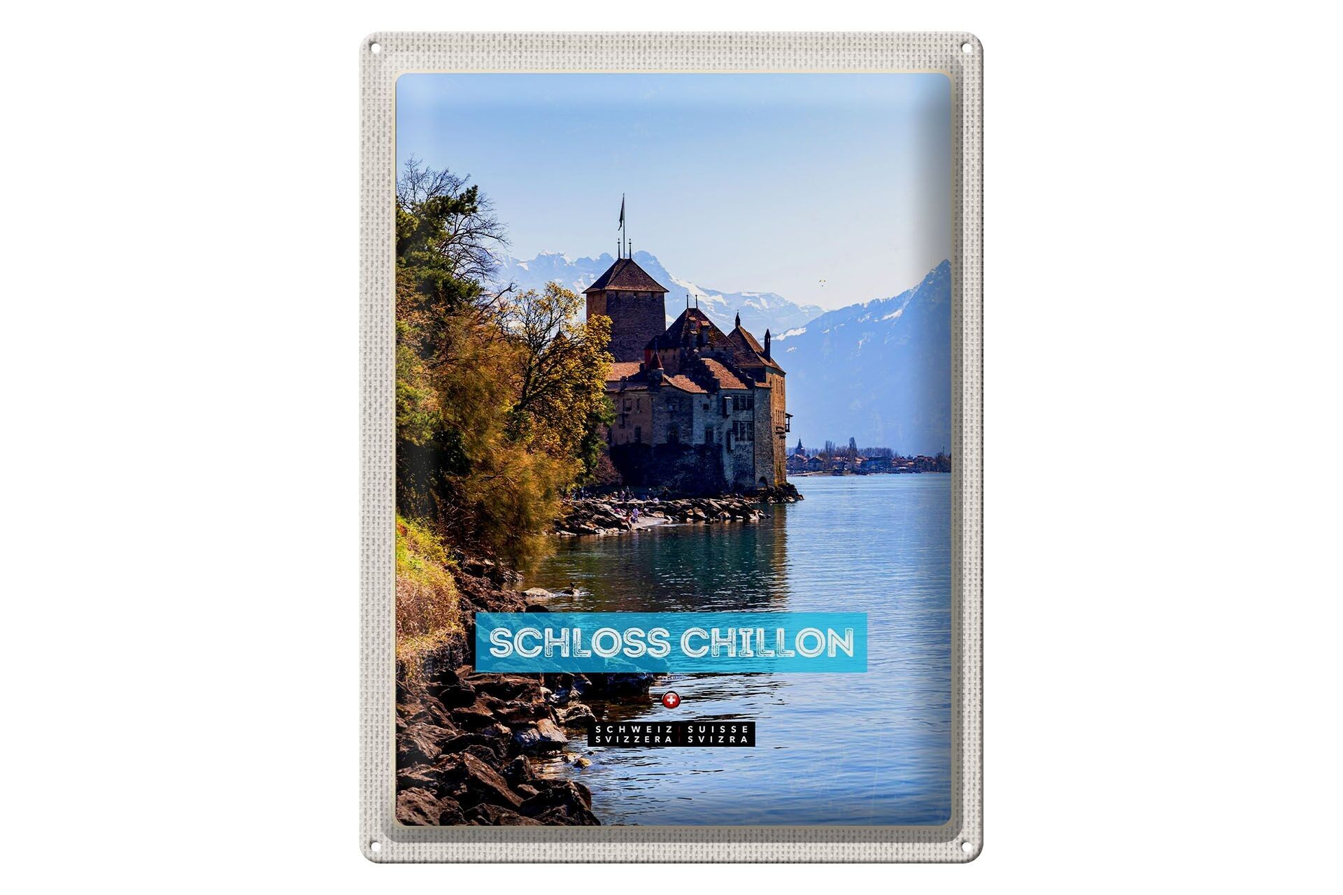 Targa in metallo da viaggio 30x40 cm Lago di Ginevra Svizzera Castello di Chillon