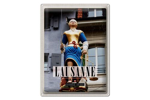 Blechschild Reise 30x40cm Lausanne Schweiz Skulptur Frau Waage