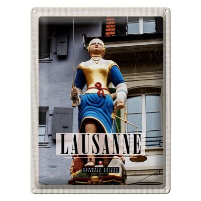 Blechschild Reise 30x40cm Lausanne Schweiz Skulptur Frau Waage