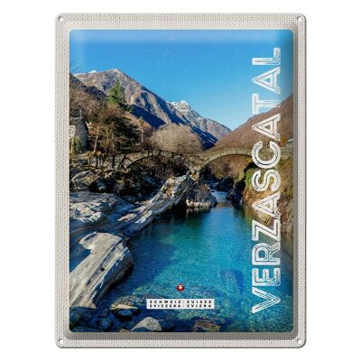 Cartel de chapa de viaje, 30x40cm, Valle de Verzasca, puente, montañas, río, naturaleza