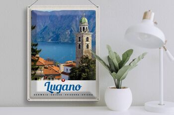 Signe en étain voyage 30x40cm, Lugano, suisse, lac, église, montagnes 3