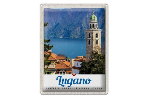 Blechschild Reise 30x40cm Lugano Schweiz See Kirche Gebirge