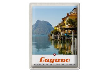 Panneau de voyage en étain, 30x40cm, Lugano, suisse, vue sur le lac et la montagne 1