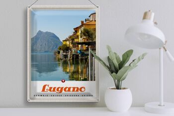 Panneau de voyage en étain, 30x40cm, Lugano, suisse, vue sur le lac et la montagne 3