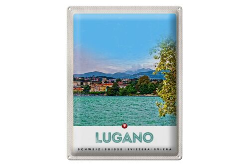 Blechschild Reise 30x40cm Lugano Schweiz See Ausblick auf Stadt