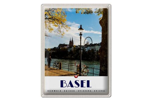 Blechschild Reise 30x40cm Basel Schweiz Fluss Riesenrad Natur