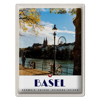 Blechschild Reise 30x40cm Basel Schweiz Fluss Riesenrad Natur