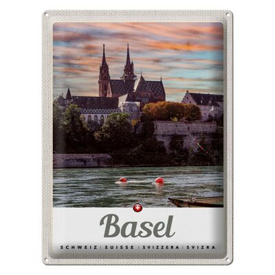 Blechschild Reise 30x40cm Basel Schweiz Fluss Natur Architektur