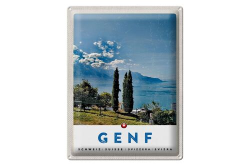 Blechschild Reise 30x40cm Genf Schweiz See Natur Himmel Urlaub