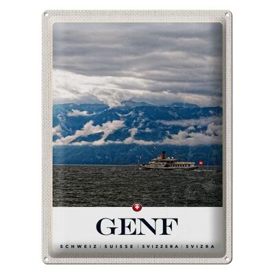 Cartel de chapa de viaje, 30x40cm, Ginebra, Suiza, barcos, montañas, cielo