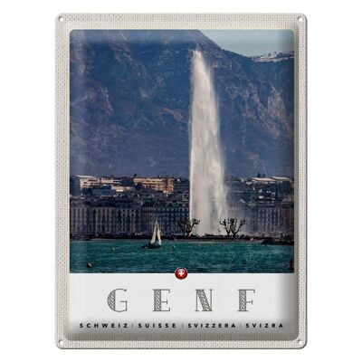 Cartel de chapa de viaje, 30x40cm, Ginebra, Suiza, edificio, montañas, cielo