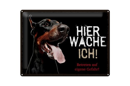 Blechschild Spruch 40x30cm Dobermann hier wache eigene Gefahr schwarzes Schild