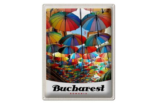 Blechschild Reise 30x40cm Bukarest Rumänien Regenschirm bunt