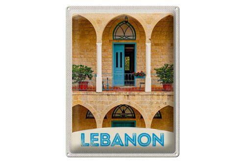 Blechschild Reise 30x40cm Libanon Gebäude blaue Tür Urlaub