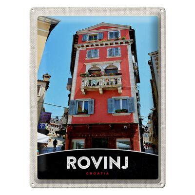 Cartel de chapa viaje 30x40cm Rovinj Croacia casa flores rojas