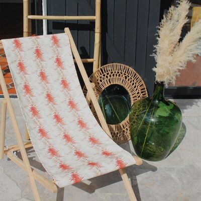 Folding deckchair floral beige wood and polyester