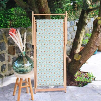 Green wood and polyester floral deck chair