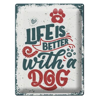 Targa in metallo con scritta "La vita è migliore con un cane" rossa 30x40 cm