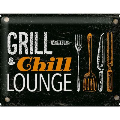 Cartel de chapa que dice Grill & Chill Lounge Grilling 40x30cm
