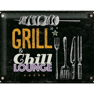 Cartel de chapa que dice Grill & Chill Meat Grilling 40x30cm