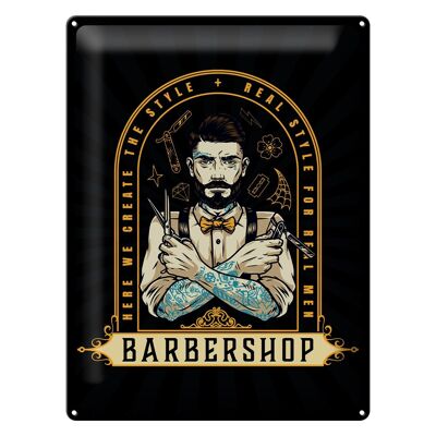 Cartel de chapa que dice Barbershop Here we Greate Style 30x40cm