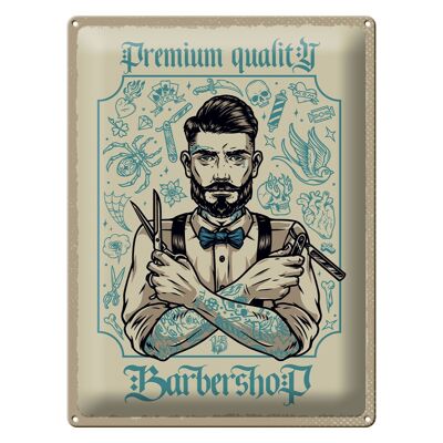 Cartel de chapa que dice Barbería Calidad premium 30x40cm