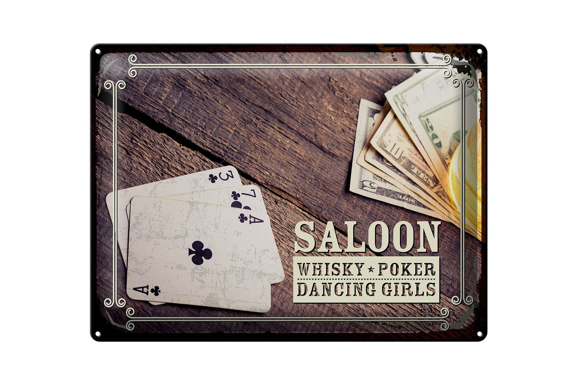 Targa in metallo con scritta Saloon Whiskey Poker Dancing 40x30 cm