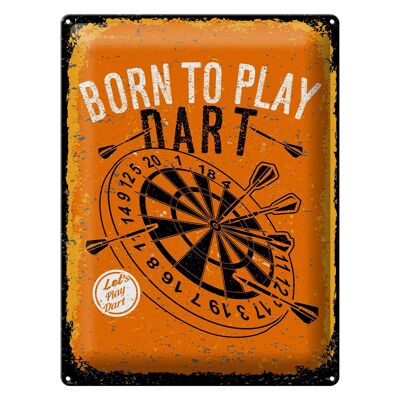 Cartel de chapa que dice Nacido para jugar Dart Let`s play 30x40cm