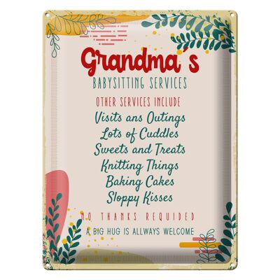 Cartel de chapa que dice Servicios de niñera de la abuela 30x40cm