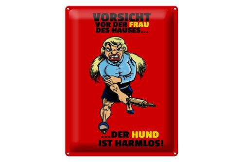 Blechschild Hinweis 30x40cm Vorsicht vor Frau Hund harmlos