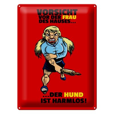 Blechschild Hinweis 30x40cm Vorsicht vor Frau Hund harmlos