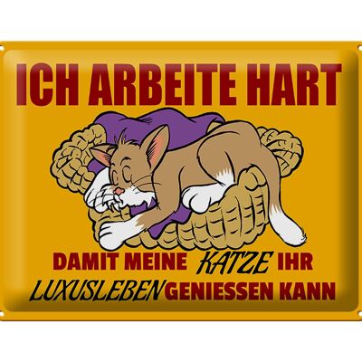 Blechschild Spruch 40x30cm Arbeite damit Katze Luxusleben hat